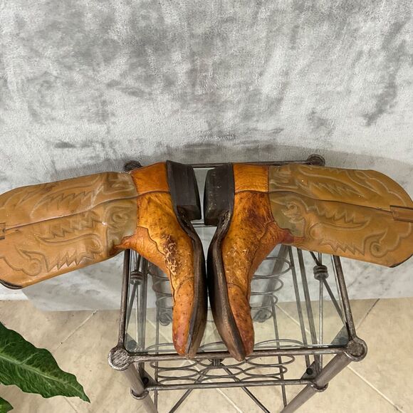 Vintage Justin Ostrich Cowboy Boots Mens 10.5 D Two tone tan full quill * - Picture 12 of 16